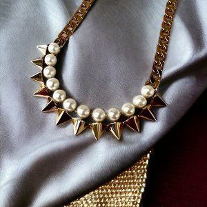 Rebecca Minkoff Gold and Faux Pearl Spike Collar Necklace